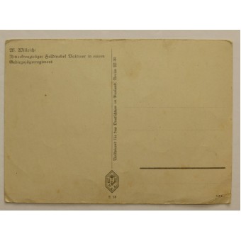 Carte postale avec des chevaliers récipiendaire de la Croix W.Willrich: Ritterkreuzträger Feldwebel Valtiner in einem Gebirgsjägerregiment. Espenlaub militaria